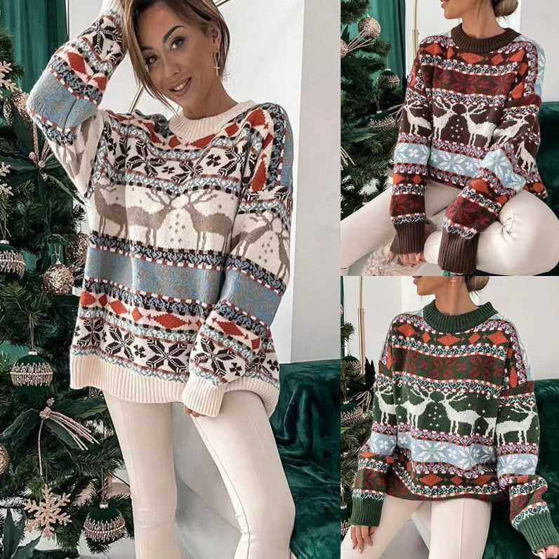 Women's Fashion Round Neck Loose Christmas Theme Jacquard Long Sleeve Sweater